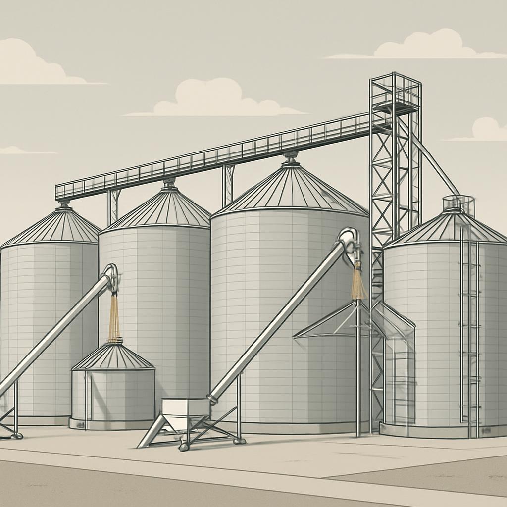 An illustration of grain silos and agricultural equipment.