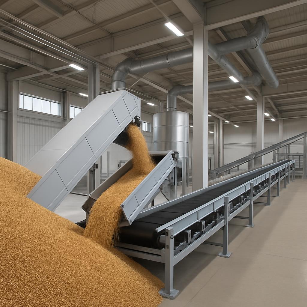 A factory interior with a metal conveyor belt operating.
